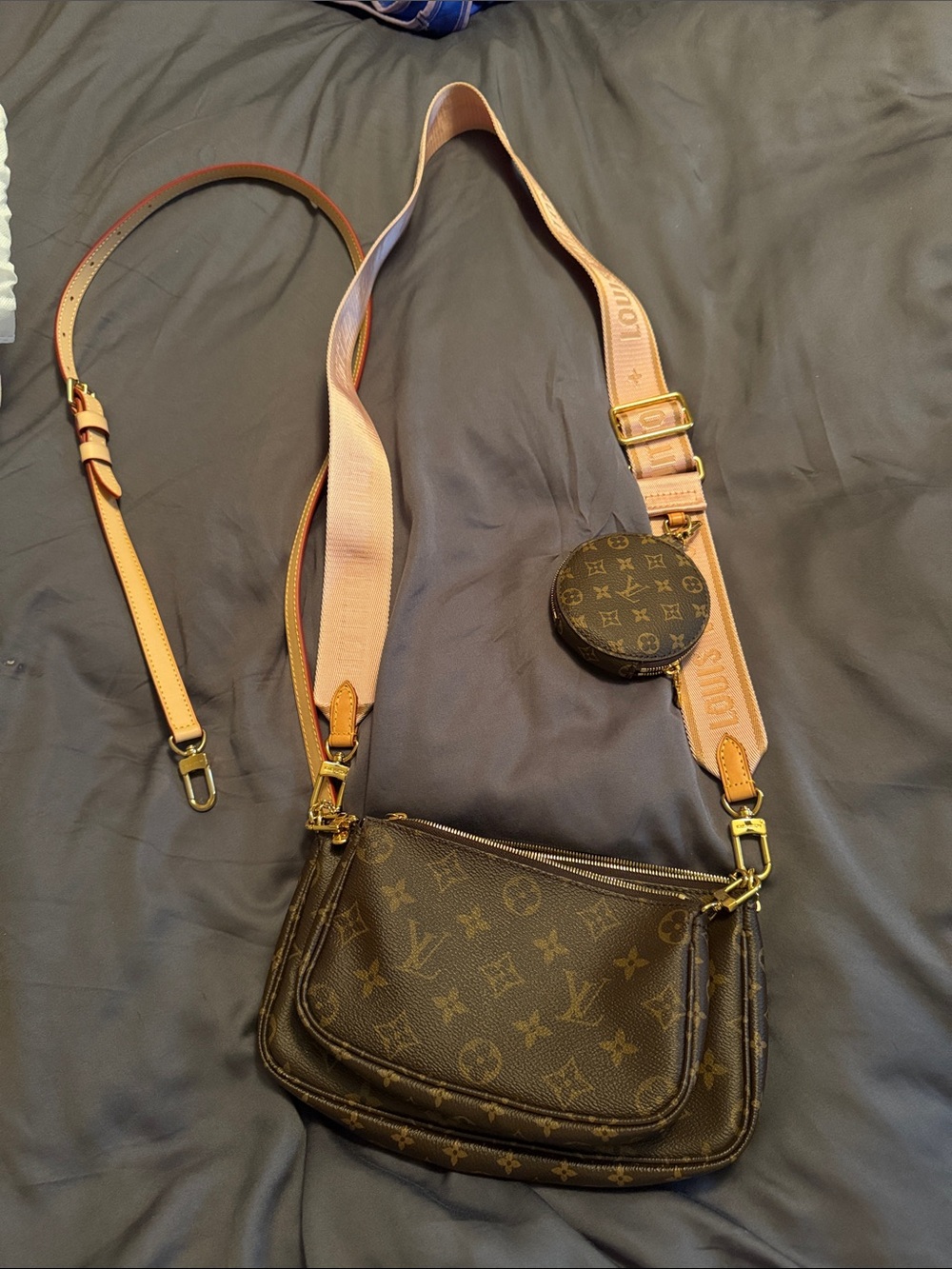 Louis Vuitton Brown Monogram Multi-Pochette Pink & Auth LV Leather Strap